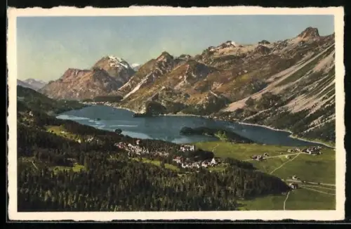 AK Sils im Engadin, Ortsansicht mit See und Maloja von Der letzten Bank