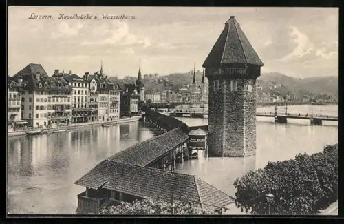 AK Luzern, Kapellbrücke und Wasserthurm