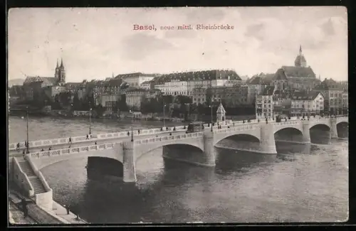 AK Basel, Neue mittlere Rheinbrücke mit Stadtpanorama