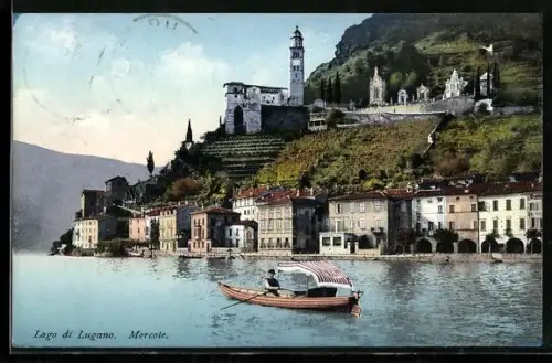 AK Morcote, Ruderboot auf dem Lago di Lugano vor Küstenpanorama