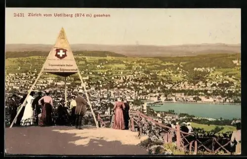 AK Zürich, Totalansicht vom Uetliberg aus, Trigonometrische Station