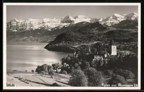 AK Spiez am Thunersee, Ortsansicht mit Umgebung aus der Vogelschau