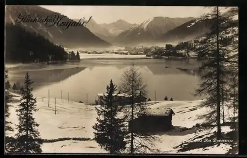 AK Davos, Winterlandschaft mit See u. Ort, Neujahrsgruss