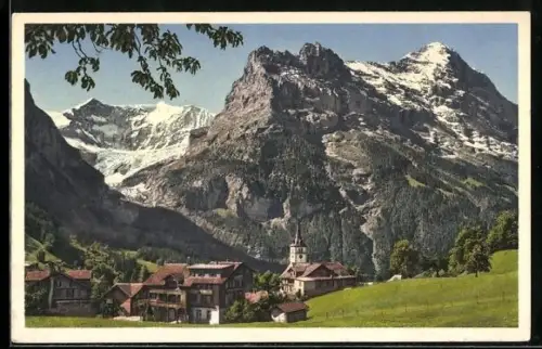 AK Grindelwald, Ortsansicht mit Fiescherhörner, Hörnli, Eiger
