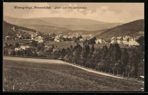 AK Krummhübel /Riesengebirge, Ortspartie mit Blick nach den Teichrändern