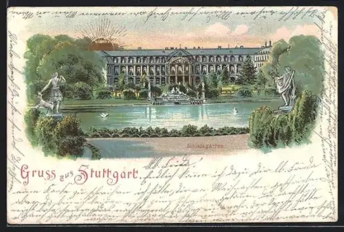 Lithographie Stuttgart, Schlossgarten mit Teich