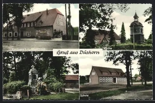 AK Düshorn, Kaufhaus J. H. Wischmann, Kirche, Ehrenmal, Schule
