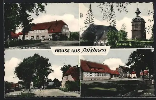 AK Düshorn, Kurhaus J. H. Wischmann, Kirche, Ehrenmal, Schule
