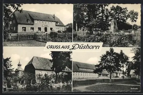 AK Düshorn, Kaufhaus J. H. Wischmann, Ehrenmal, Kirche, Schule