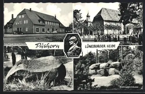 AK Düshorn /Lüneburger Heide, Kaufhaus Wischmann, Kirche, Siebensteinhäuser, Löns Grab