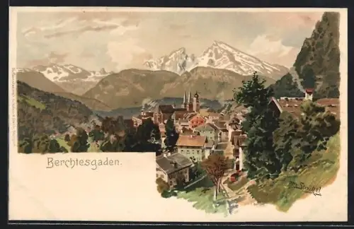 Lithographie Berchtesgaden, Ortsansicht mit Alpenpanorama