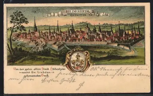 Lithographie Hildesheim, Ortsansicht anno 1729, Wappen