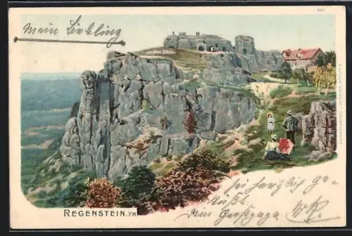 Lithographie Regenstein i. H., Ausflügler an den Klippen