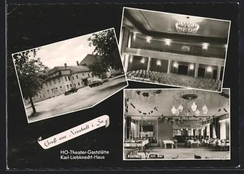 AK Neustadt i. Sa., HO-Theater-Gaststätte Karl-Liebknecht-Haus, Theatersaal, Kleiner Saal mit Bar
