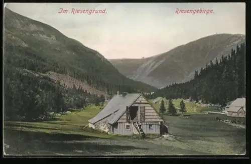 AK Riesengrund /Riesengebirge, Ortspartie mit Heuschober