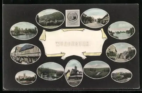 Präge-AK Worcester, Strassenpartie, Brücke, Wappen