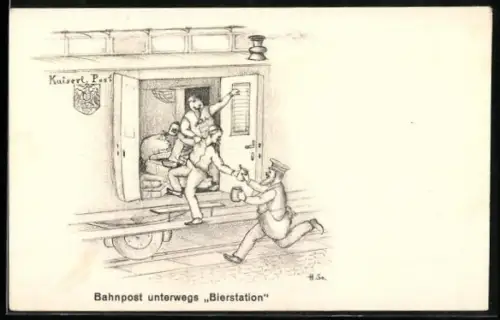 Künstler-AK H. Starkloff: Schaffner eilt einem Postzug nach, um die Arbeiter mit Bier zu versorgen
