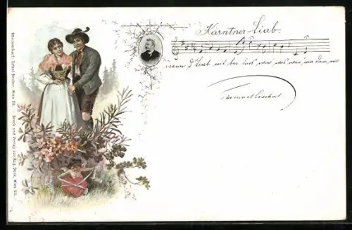 Künstler-AK E. Döcker: Pärchen in Tracht mit Amor, Liedzeile Kärntner-Liab