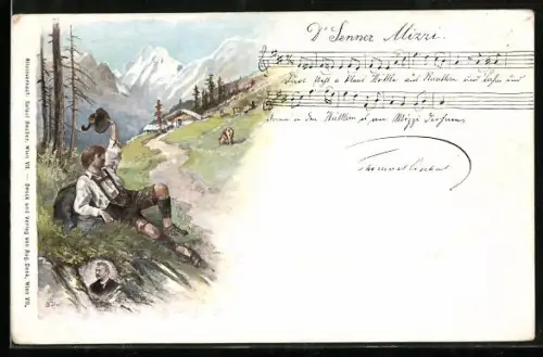 Künstler-AK E. Döcker: Mann in Tracht mit Gebirgspanorama, Liedtext D` Senner Mizzi