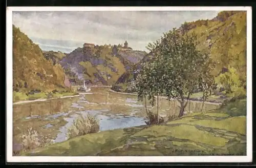 Künstler-AK Rudolf Schmidt: St. Martin im Mühlkreis, Neuhaus an der Donau, Dampfer