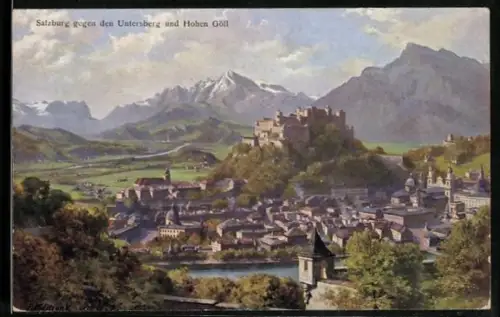 Künstler-AK Franz Kulstrunk: Salzburg, Blick gegen den Untersberg und Hohen Göll