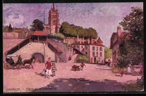 Künstler-AK Georges Stein: Strassenpartie mit Passanten in Lausanne