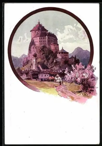 Künstler-AK Kufstein, Ortsansicht mit Festung in der Frühlingssonne