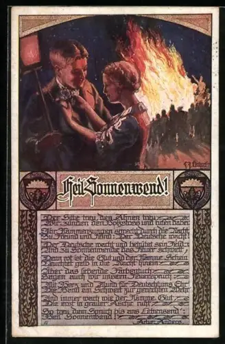 Künstler-AK Deutscher Schulverein Nr. 914: Heil Sonnwend!, Junges Paar beim Sonnwendfeuer