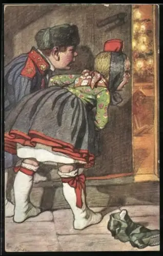 Künstler-AK Emil Beithan: Hessische Kinder erhaschen einen Blick vom Weihnachtsbaum