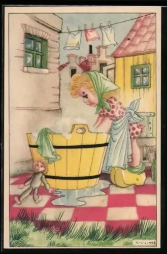 Künstler-AK Karel L. Links: Mädchen beim Wäschewaschen