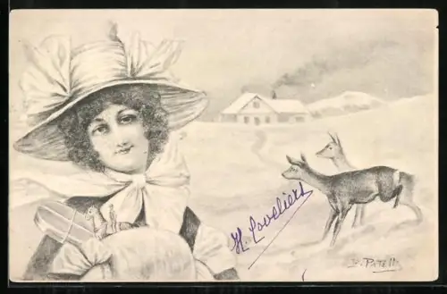 Künstler-AK B. Patella: Dame mit Rehen in einer Winterlandschaft