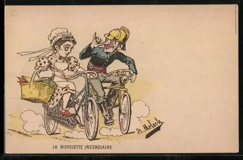 Künstler-AK Alphonse Hector Colomb (B. Moloch): La Bicyclette Incendiaire, Feuerwehrmann flirtet mit Fahrradfahrerin