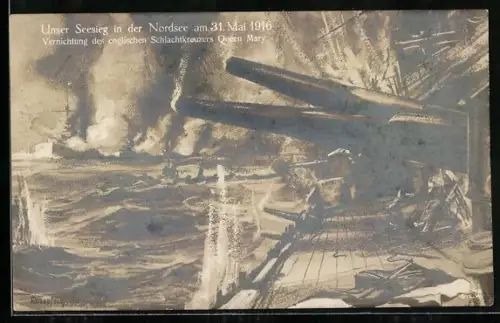 Künstler-AK K. Blossfeld: Vernichtung des englischen Schlachtkreuzers Queen Mary