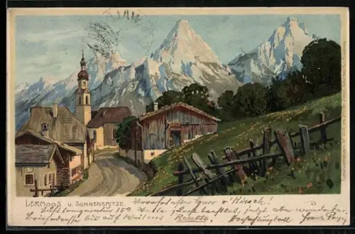 Künstler-AK Zeno Diemer: Lermoos, Ortspartie mit Blick zur Sonnenspitze