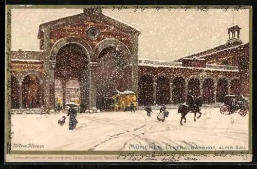 Künstler-Lithographie Zeno Diemer: München, Centralbahnhof, Alter Bau