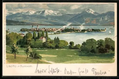 Künstler-AK Zeno Diemer: Lindau am Bodensee, Ansicht von oben, Eisenbahn