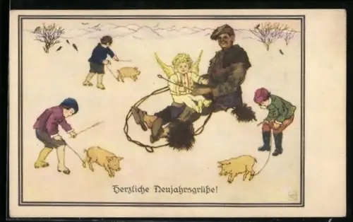 AK Neujahrsgrüsse mit Schornsteinfeger und Engelchen