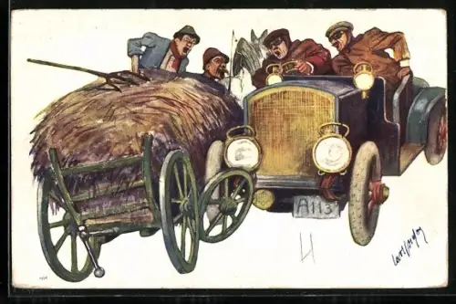Künstler-AK Brüder Kohn (B.K.W.I) Nr. 324-5: Heuwagen stösst mit einem Auto zusammen