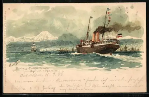 Künstler-Lithographie Hans Bohrdt: Hamburg-Pacific Dampfer in der Bay von Valparaiso