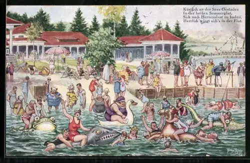 Künstler-AK Arthur Thiele: Bodensee, Köstlich an der See Gestaden..., Strandbad