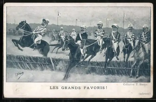 Künstler-AK Les Grands Favoris! Kaiser Wilhelm, Zar Nikolaus II. & andere beim Springreiten