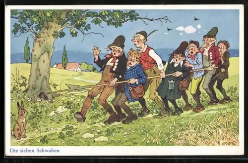 Künstler-AK F.Baumgarten: Die sieben Schwaben eine Lanze tragend