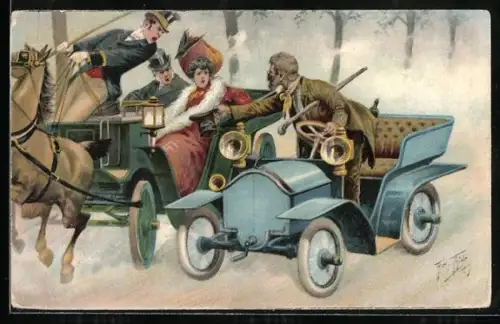 Künstler-AK Arthur Thiele: Mann überholt mit seinem Auto eine Kutsche und hält den Herrschaften seinen Hut entgegen