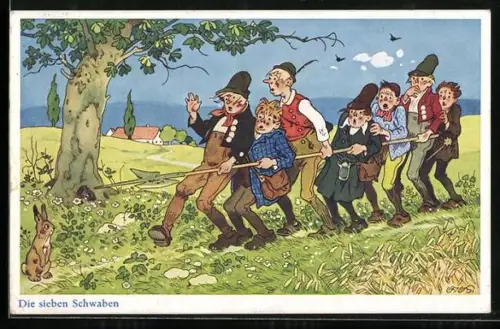 Künstler-AK F.Baumgarten: Die sieben Schwaben eine Lanze tragend