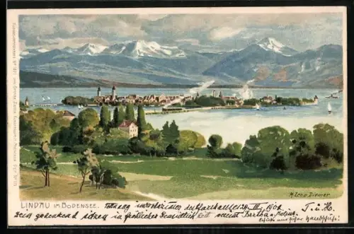 Künstler-AK Zeno Diemer: Lindau / Bodensee, Panoramablick auf Insel und Alpen