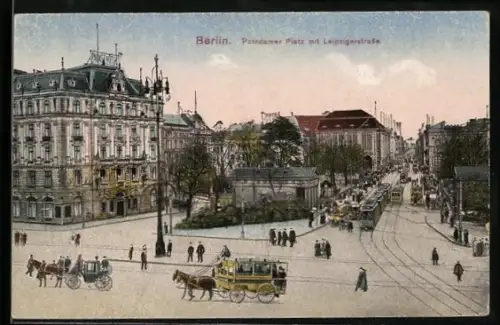 AK Berlin, Strassenbahn am Potsdamer Platz mit Leipzigerstrasse