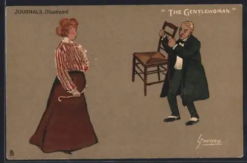 Künstler-AK L. Thackeray: The Gentlewoman, Mann droht einer Frau mit einem Stuhl