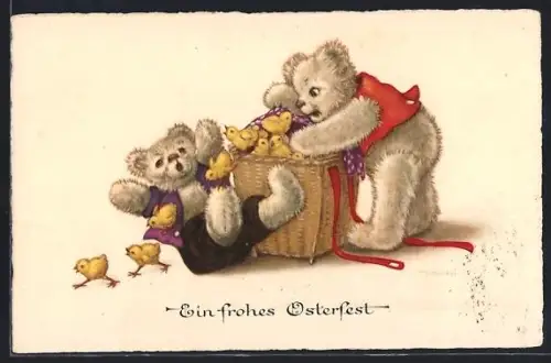 Künstler-AK Franziska Schenkel: Teddys werden von Osterküken überrascht