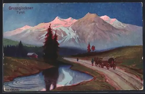 Künstler-AK Alexander Kircher: Pferdewagen vor dem Grossglockner