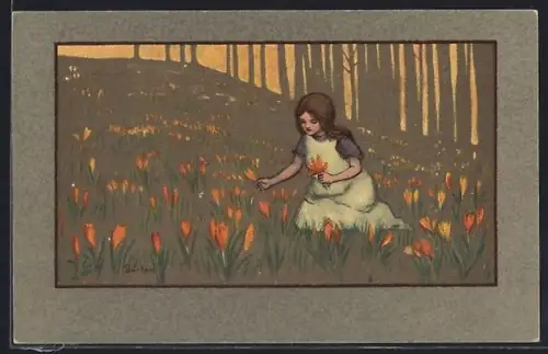 Künstler-AK S. Barham: Mädchen pflückt Krokusse im Wald